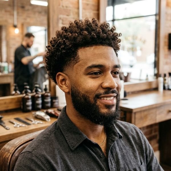 Curly Hair With Taper and Beard