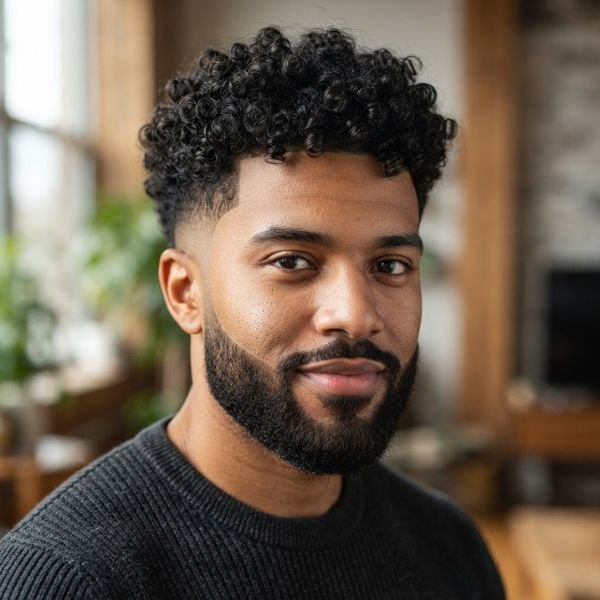 Curly Taper Fade with Beard
