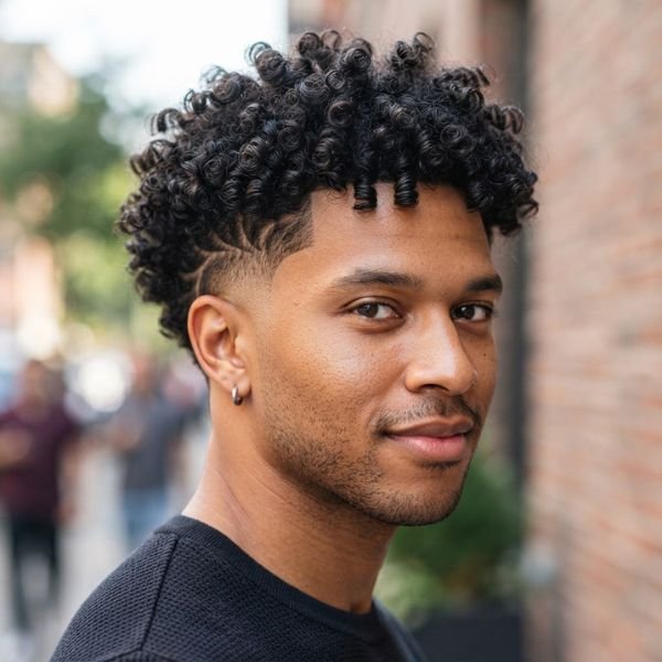 Curly Taper Fade with Burst-Inspired Shape