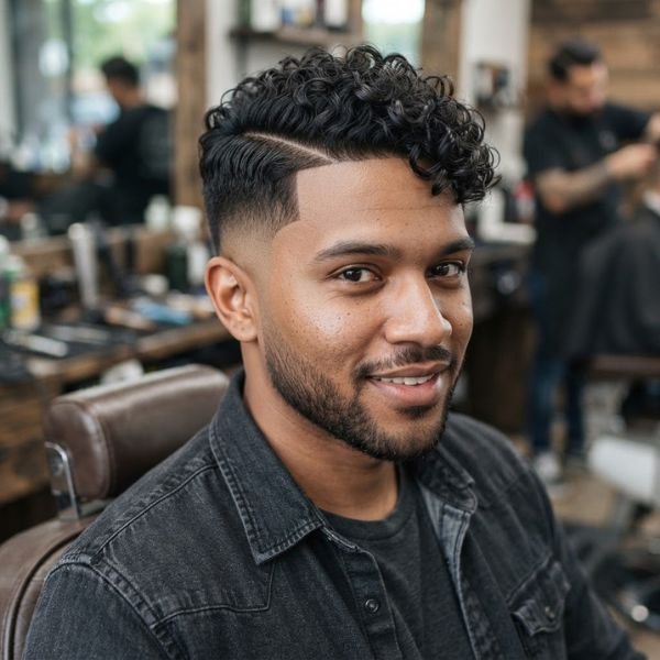 Curly Taper Fade with Side Part