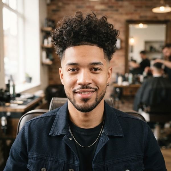 Curly Taper Fade with Temple Taper