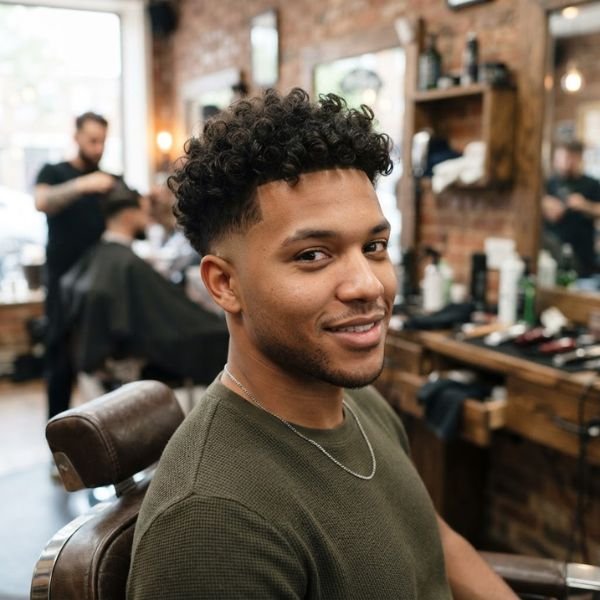 Curly Taper Fade with Textured Top