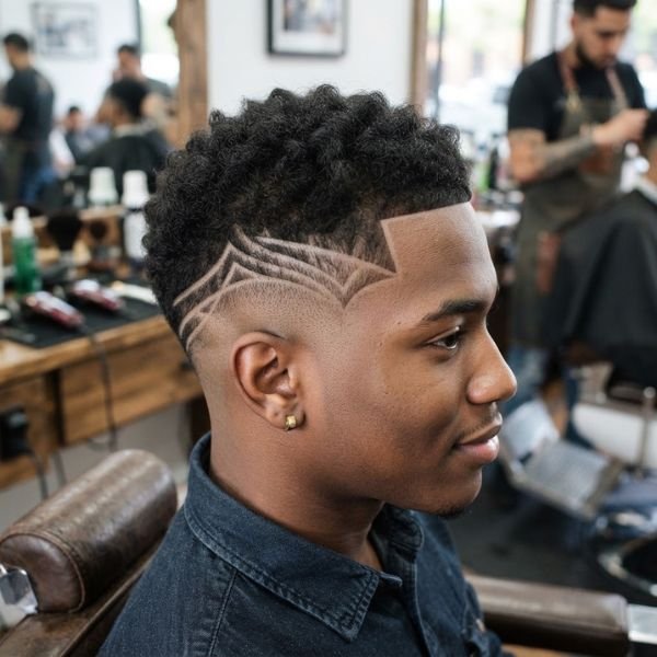 Low Fade Haircut with Line Design