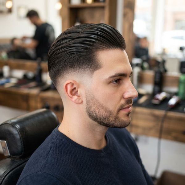 Low Fade Haircut with Slick Back