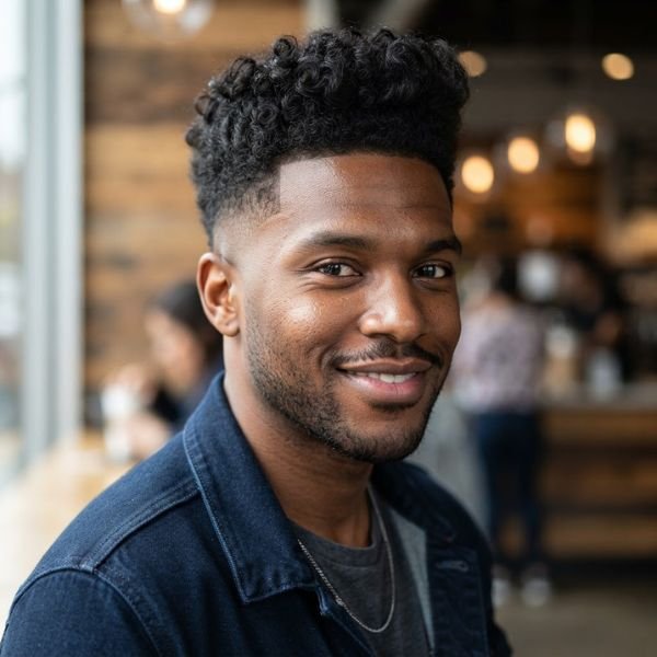 Curly Taper Fade with Quiff