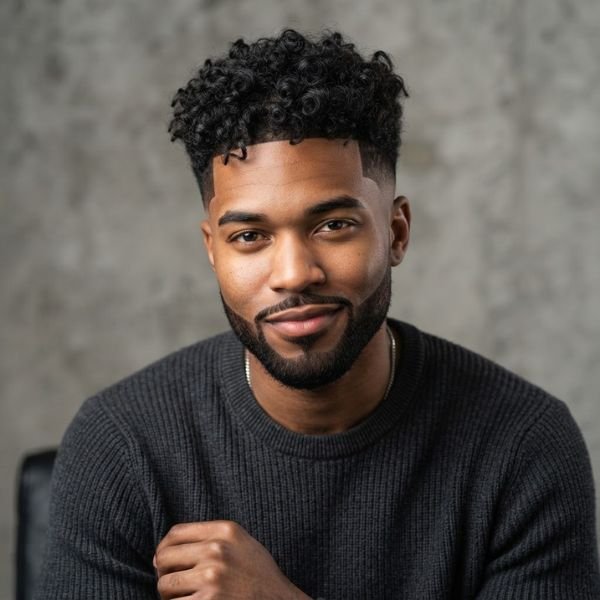 Short Beard + Curly Mid Taper