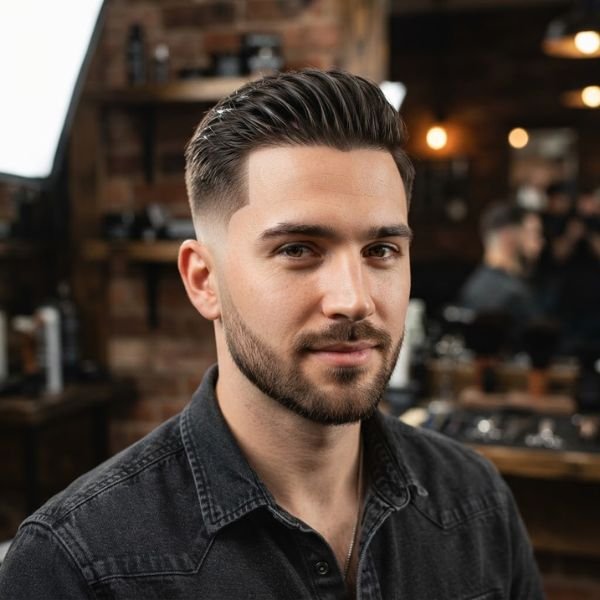 Short Slick Back with Low Taper Fade